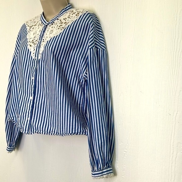 Zara - Lace Design Blue And White Stripe Button Down Long Sleeve Top Size XS - Picture 7 of 11